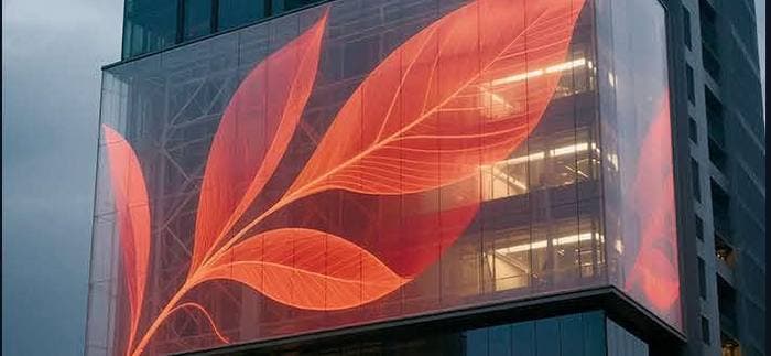 Façade d'immeuble vitrée affichant un motif géant