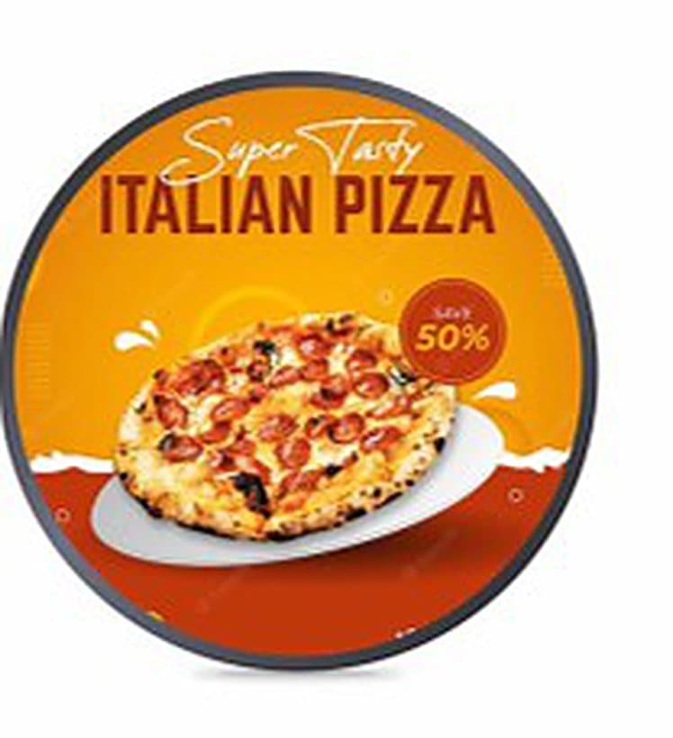 Écran rond affichant une offre de pizzeria