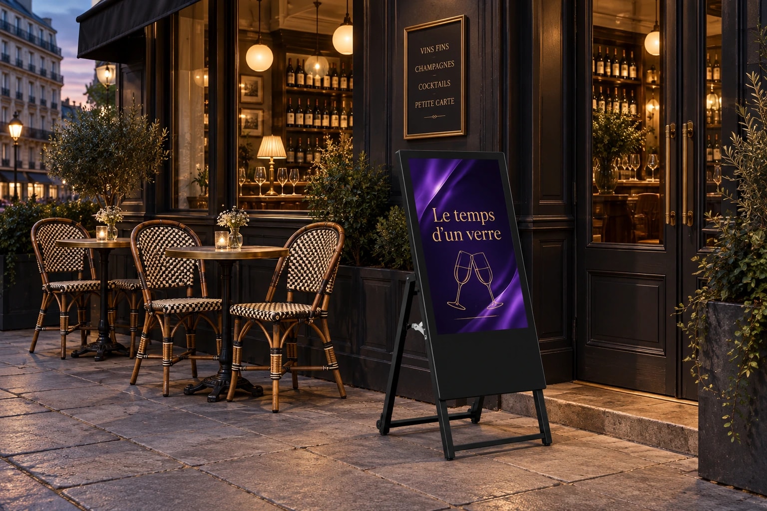 Projection d’un chevalet numérique sur une terrasse de restaurant